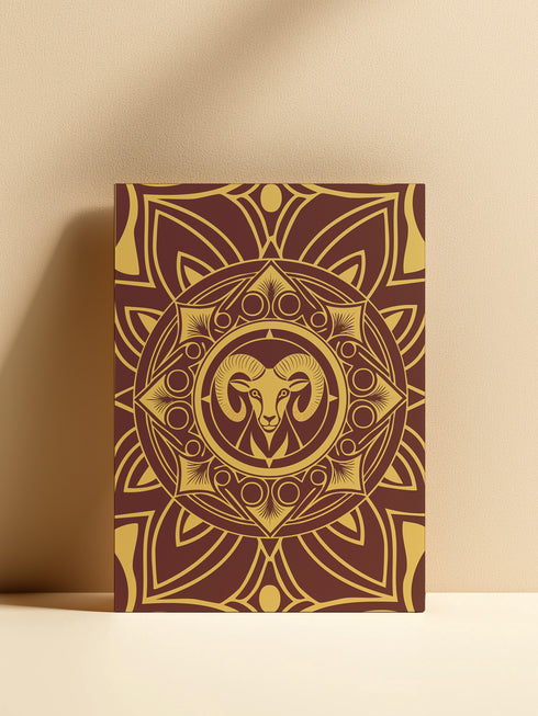 Luxurious burgundy and gold Art Deco birthday card featuring stylized Ram design with geometric patterns. Contains Aries fire ritual. Perfect for astrology enthusiasts who appreciate bold, sophisticated artwork.